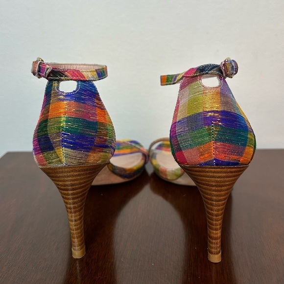 STUART WEITZMAN Metallic Rainbow Plaid Leather Ankle Strap Nunaked Sandals Heel - Picture 7 of 11